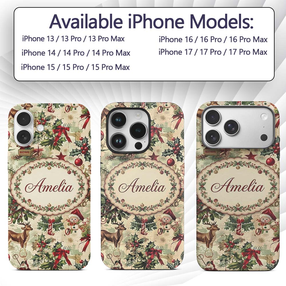 Classic Vintage Christmas Toys Tree Santa Festive Custom Name Protective Phone Case Mobile Cover Durable Everyday Smartphone Shock Resistant
