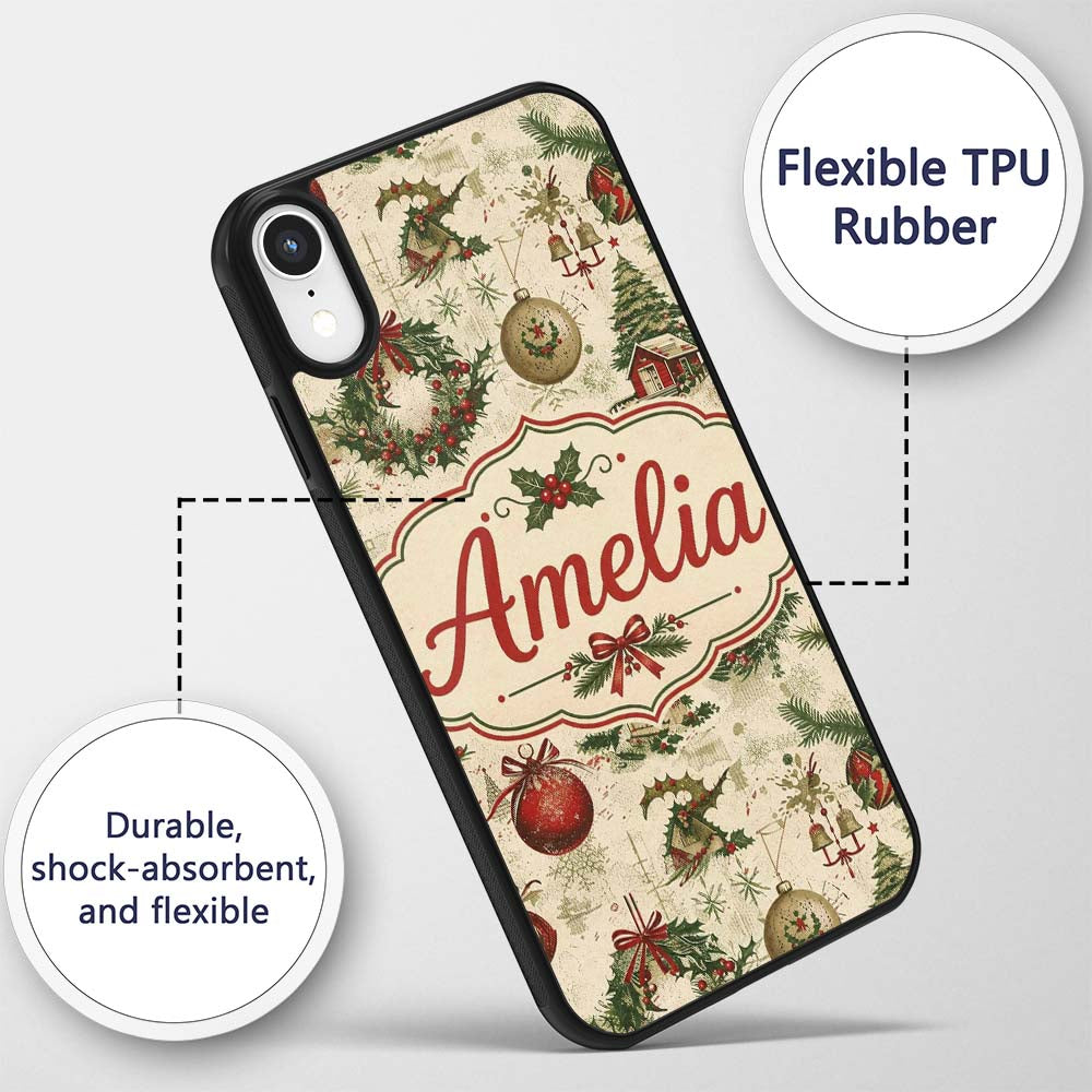 Rustic Christmas Wreath Bell Ornament Holiday Custom Name Protective Phone Case Mobile Cover Durable Everyday Smartphone Shock Resistant