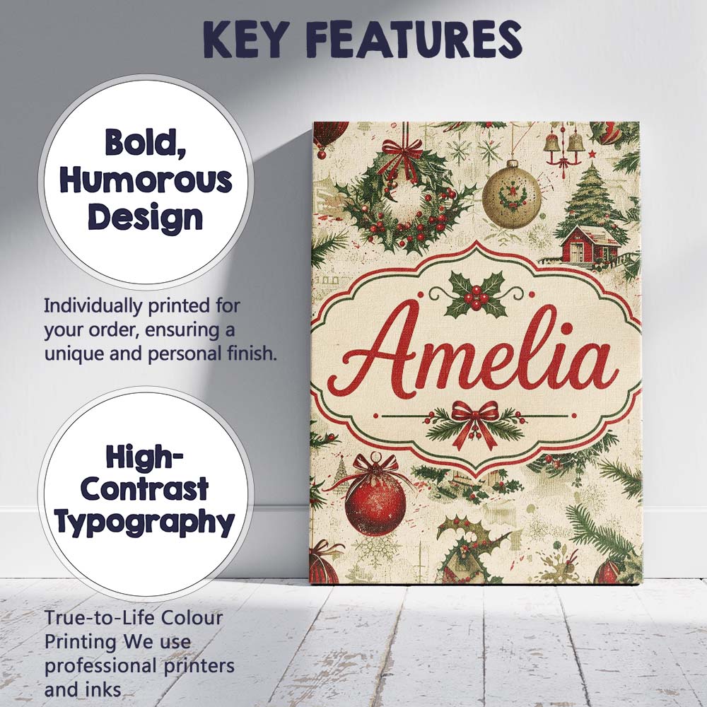 Personalised Name Rustic Christmas Wreath Custom Unique Gift Idea Elegant Feature Canvas Wall Art Print Decor Picture Ready to Hang