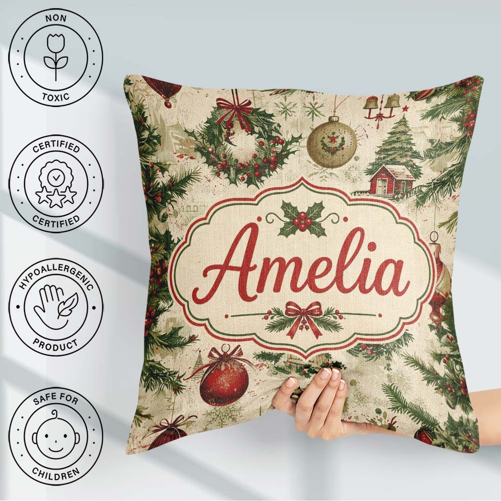 Custom Name Rustic Wreath Bell Ornament Holiday Seamless Pattern Square Filled Cushion Throw Pillow Sofa Bed Home Decor Zip Washable UK Made