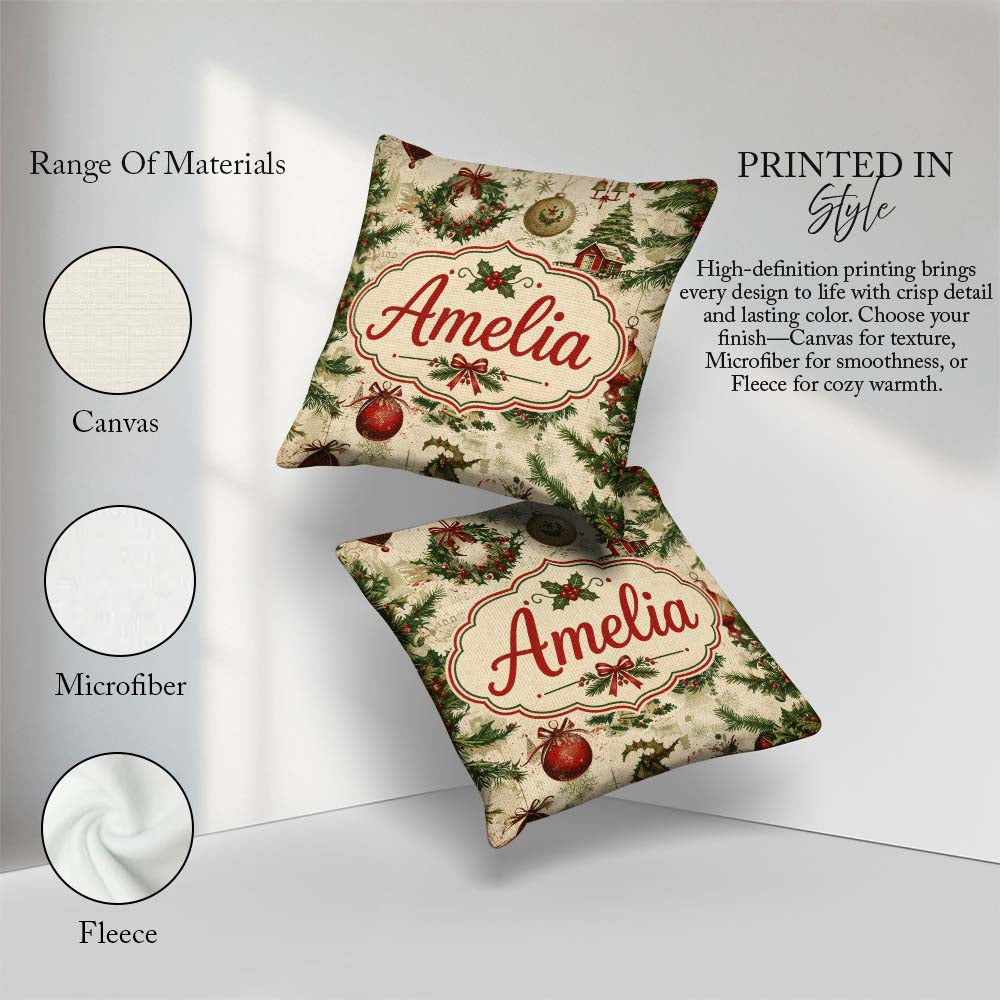 Custom Name Rustic Wreath Bell Ornament Holiday Seamless Pattern Square Filled Cushion Throw Pillow Sofa Bed Home Decor Zip Washable UK Made