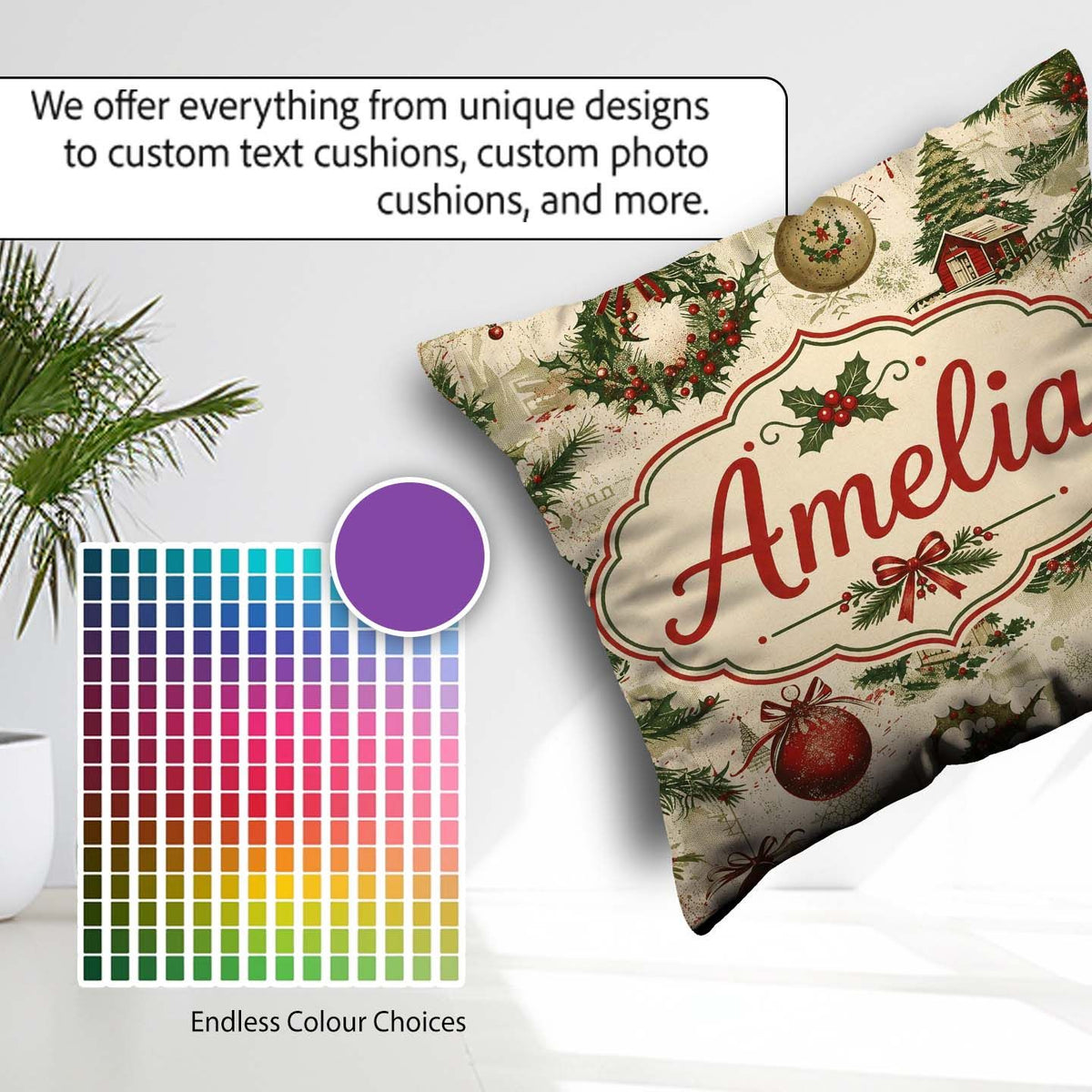 Custom Name Rustic Wreath Bell Ornament Holiday Seamless Pattern Square Filled Cushion Throw Pillow Sofa Bed Home Decor Zip Washable UK Made