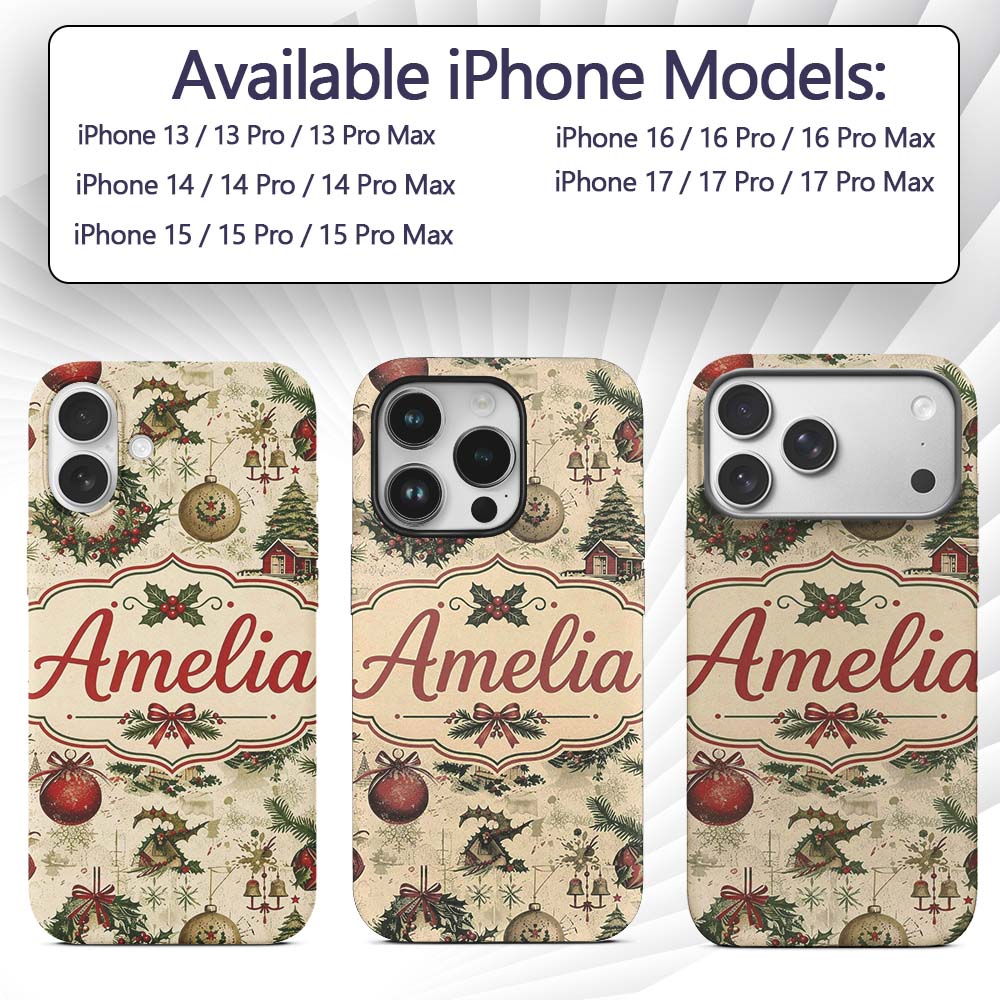 Rustic Christmas Wreath Bell Ornament Holiday Custom Name Protective Phone Case Mobile Cover Durable Everyday Smartphone Shock Resistant