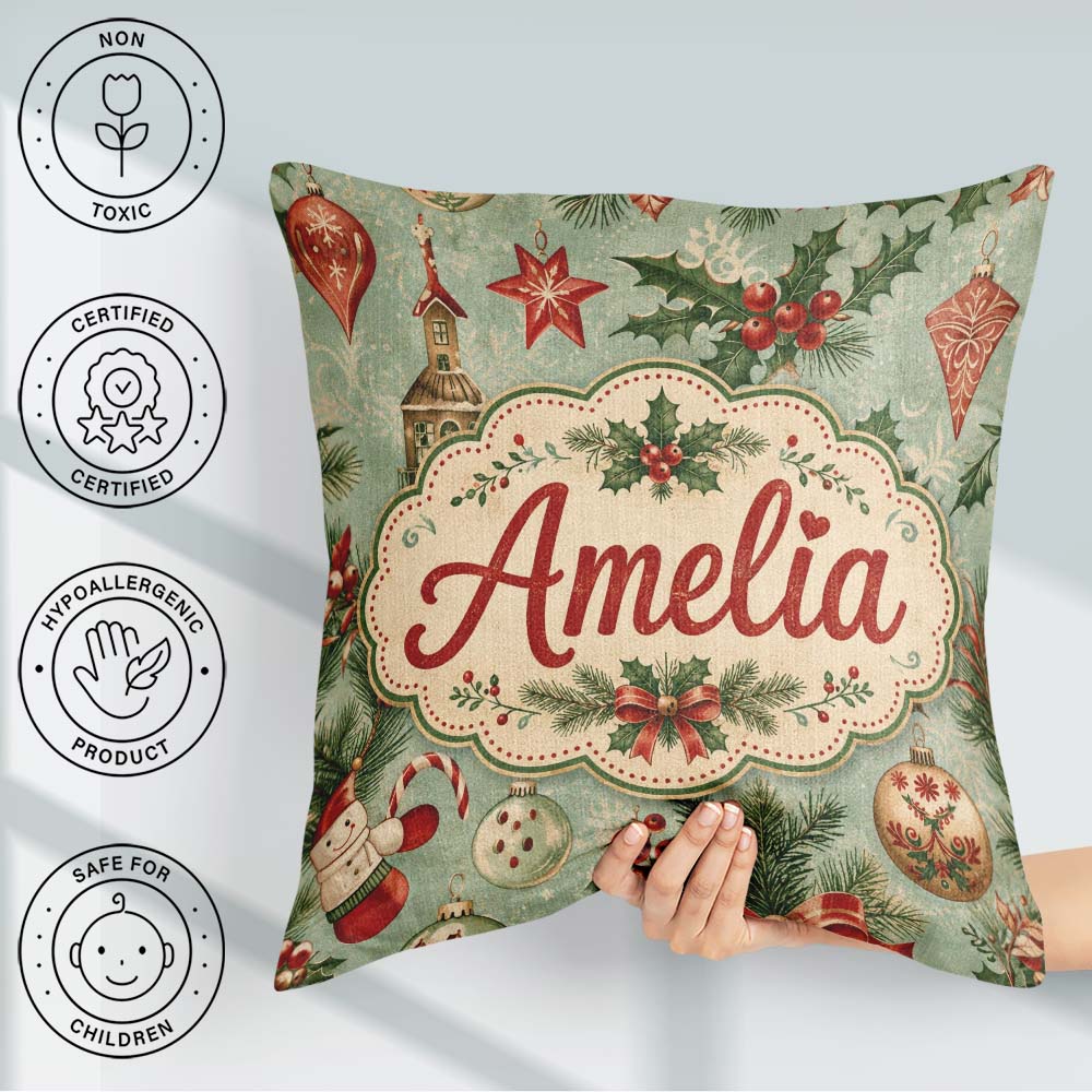 Custom Name Christmas Ornament Snowman Festive Seamless Pattern Square Filled Cushion Throw Pillow Sofa Bed Home Decor Zip Washable UK Made