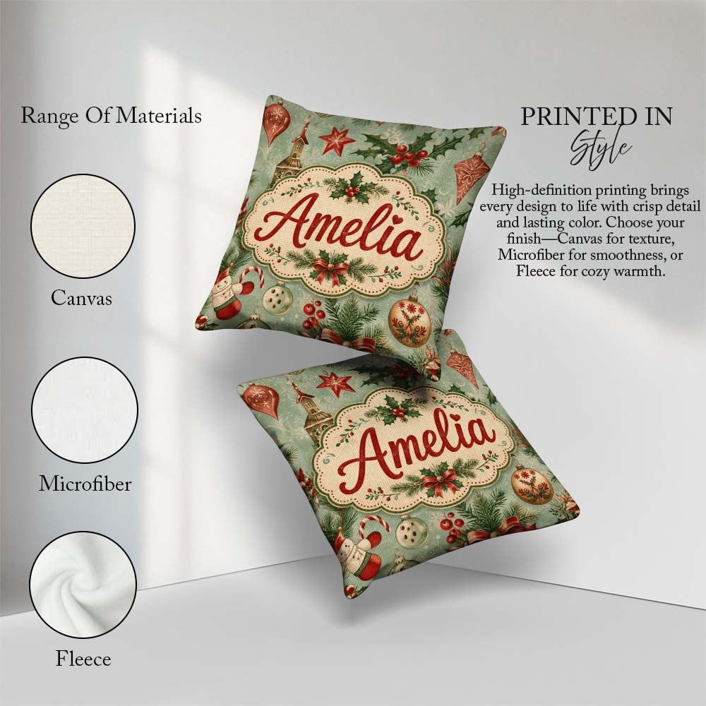 Custom Name Christmas Ornament Snowman Festive Seamless Pattern Square Filled Cushion Throw Pillow Sofa Bed Home Decor Zip Washable UK Made