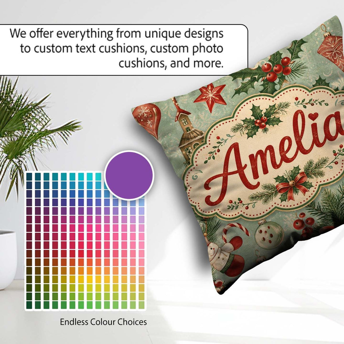 Custom Name Christmas Ornament Snowman Festive Seamless Pattern Square Filled Cushion Throw Pillow Sofa Bed Home Decor Zip Washable UK Made