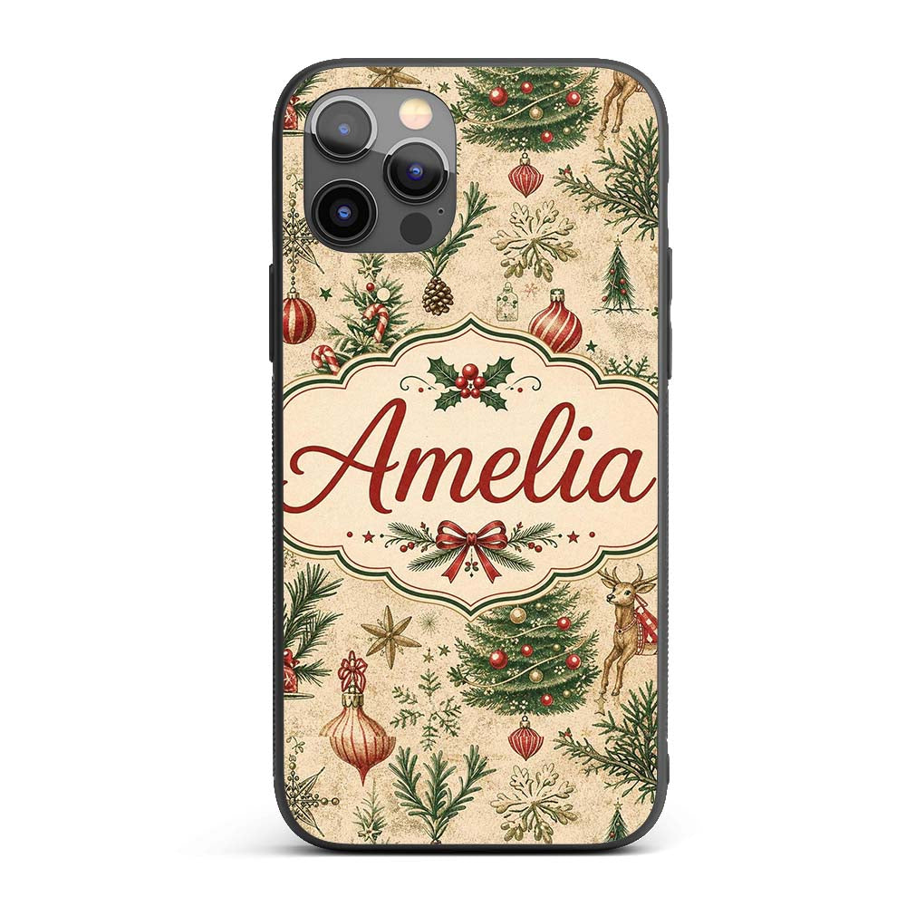 Vintage Christmas Reindeer Tree Ornament Woodland Custom Name Protective Phone Case Mobile Cover Durable Everyday Smartphone Shock Resistant