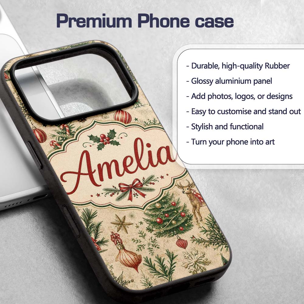 Vintage Christmas Reindeer Tree Ornament Woodland Custom Name Protective Phone Case Mobile Cover Durable Everyday Smartphone Shock Resistant