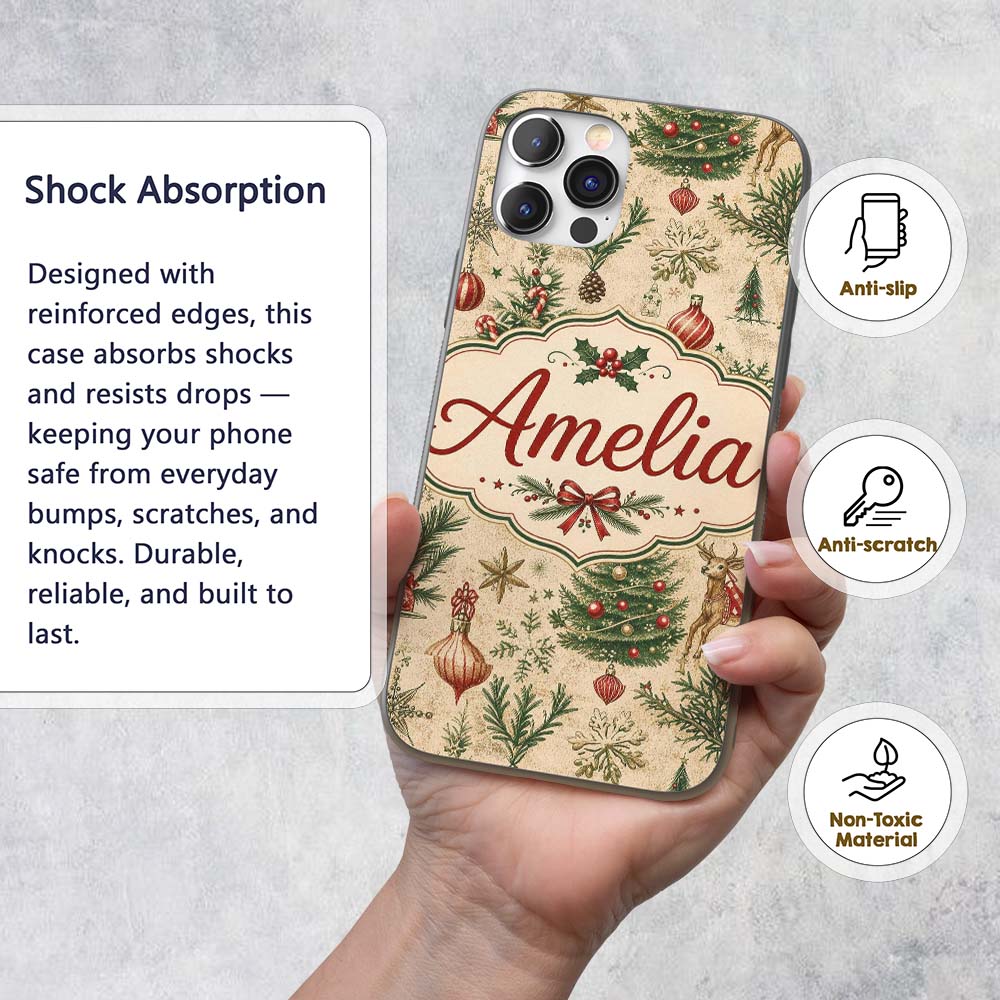 Vintage Christmas Reindeer Tree Ornament Woodland Custom Name Protective Phone Case Mobile Cover Durable Everyday Smartphone Shock Resistant