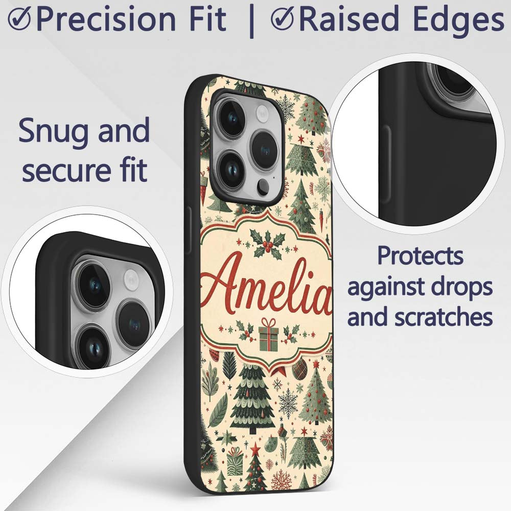 Festive Christmas Tree Gift Ornament Holiday Custom Name Protective Phone Case Mobile Cover Durable Everyday Smartphone Shock Resistant