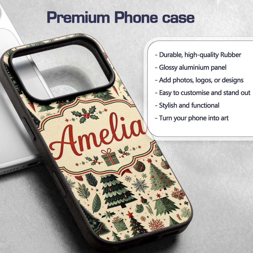 Festive Christmas Tree Gift Ornament Holiday Custom Name Protective Phone Case Mobile Cover Durable Everyday Smartphone Shock Resistant