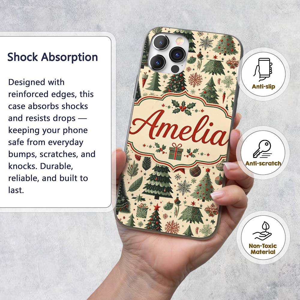 Festive Christmas Tree Gift Ornament Holiday Custom Name Protective Phone Case Mobile Cover Durable Everyday Smartphone Shock Resistant