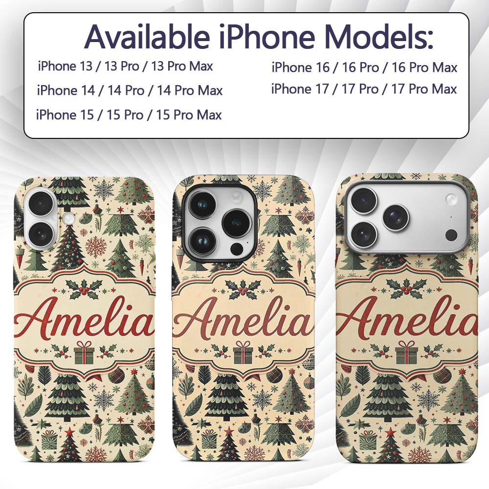 Festive Christmas Tree Gift Ornament Holiday Custom Name Protective Phone Case Mobile Cover Durable Everyday Smartphone Shock Resistant