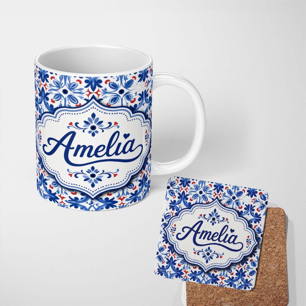 Personalized Custom Name Classic Blue Floral Portuguese Tile Pattern with Red Accents on 11oz Ceramic Coffee Tea Mug White Large Handle