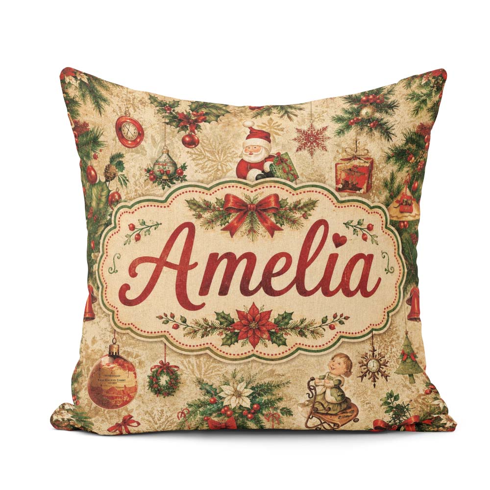 Custom Name Classic Christmas Santa Gift Holly Snowflake Pattern Square Filled Cushion Throw Pillow Sofa Bed Home Decor Zip Washable UK Made