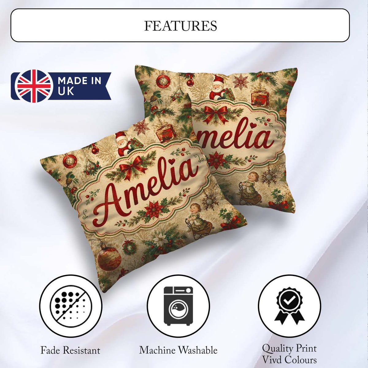 Custom Name Classic Christmas Santa Gift Holly Snowflake Pattern Square Filled Cushion Throw Pillow Sofa Bed Home Decor Zip Washable UK Made