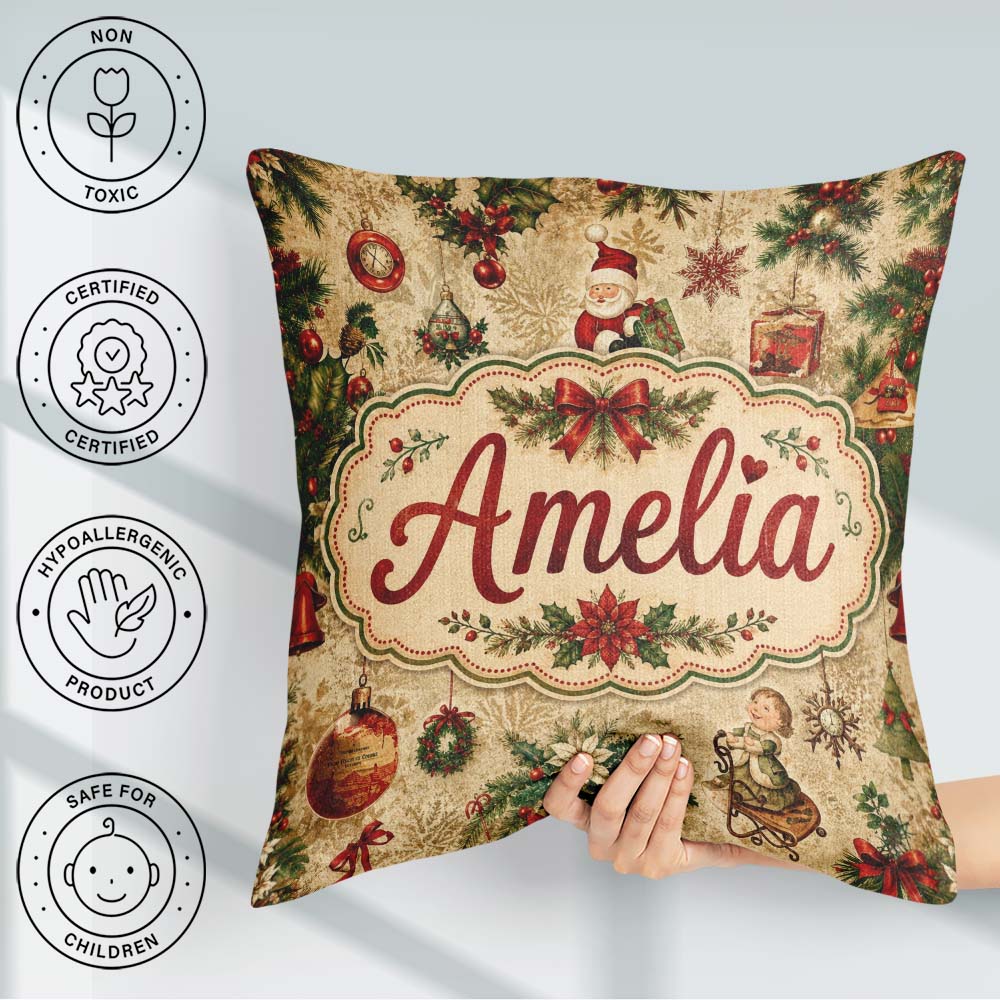 Custom Name Classic Christmas Santa Gift Holly Snowflake Pattern Square Filled Cushion Throw Pillow Sofa Bed Home Decor Zip Washable UK Made