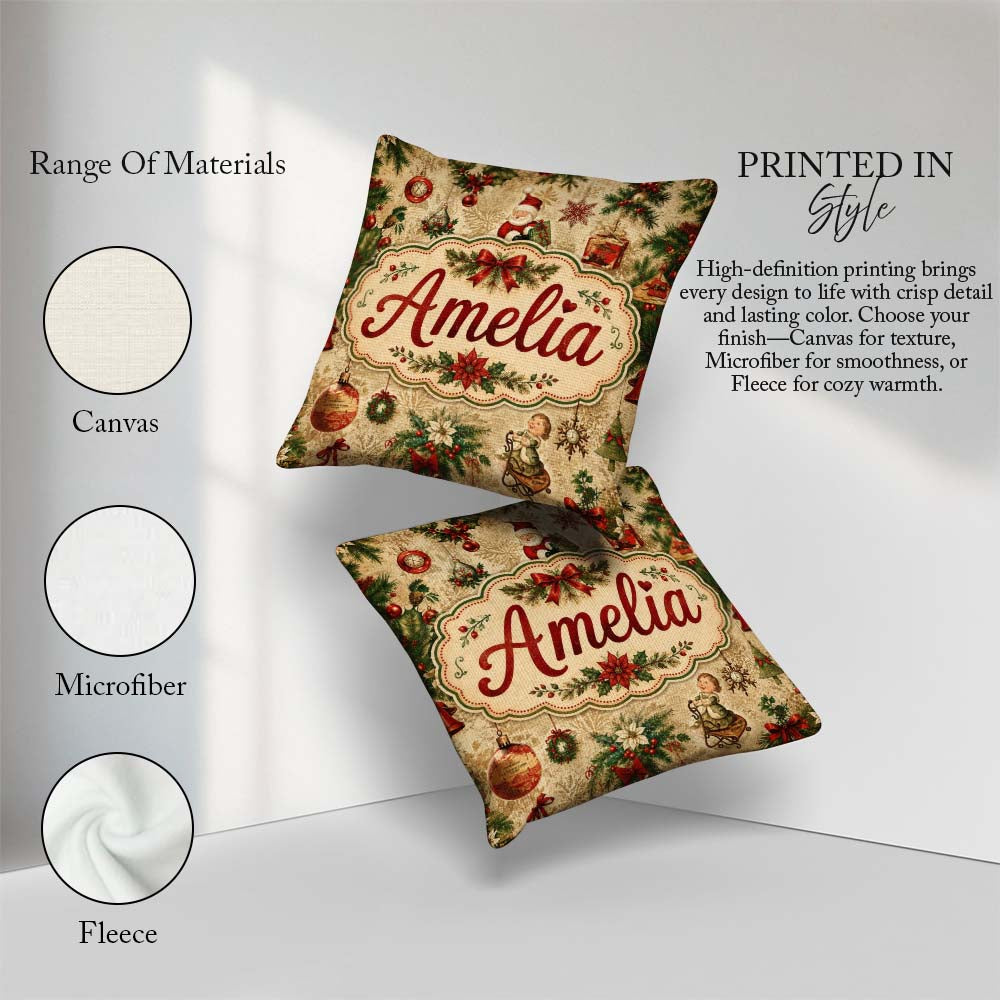Custom Name Classic Christmas Santa Gift Holly Snowflake Pattern Square Filled Cushion Throw Pillow Sofa Bed Home Decor Zip Washable UK Made