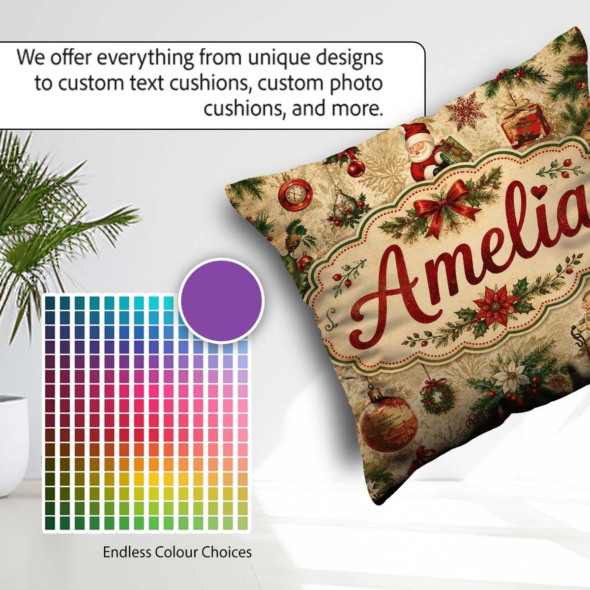 Custom Name Classic Christmas Santa Gift Holly Snowflake Pattern Square Filled Cushion Throw Pillow Sofa Bed Home Decor Zip Washable UK Made