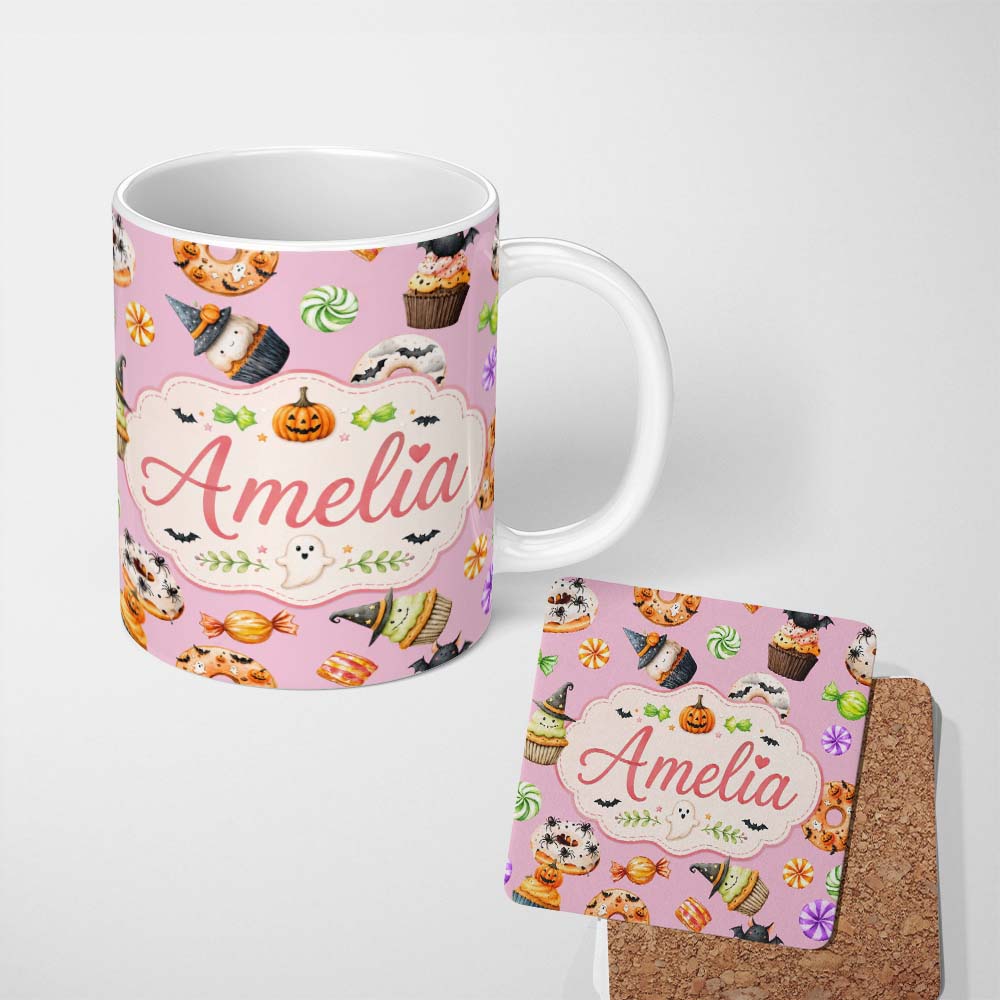 Personalized Custom Name Cute Halloween Donuts Cupcakes Bats Candy and Pumpkins Pink Lovely 11oz Ceramic Coffee Tea Mug White Large Handle