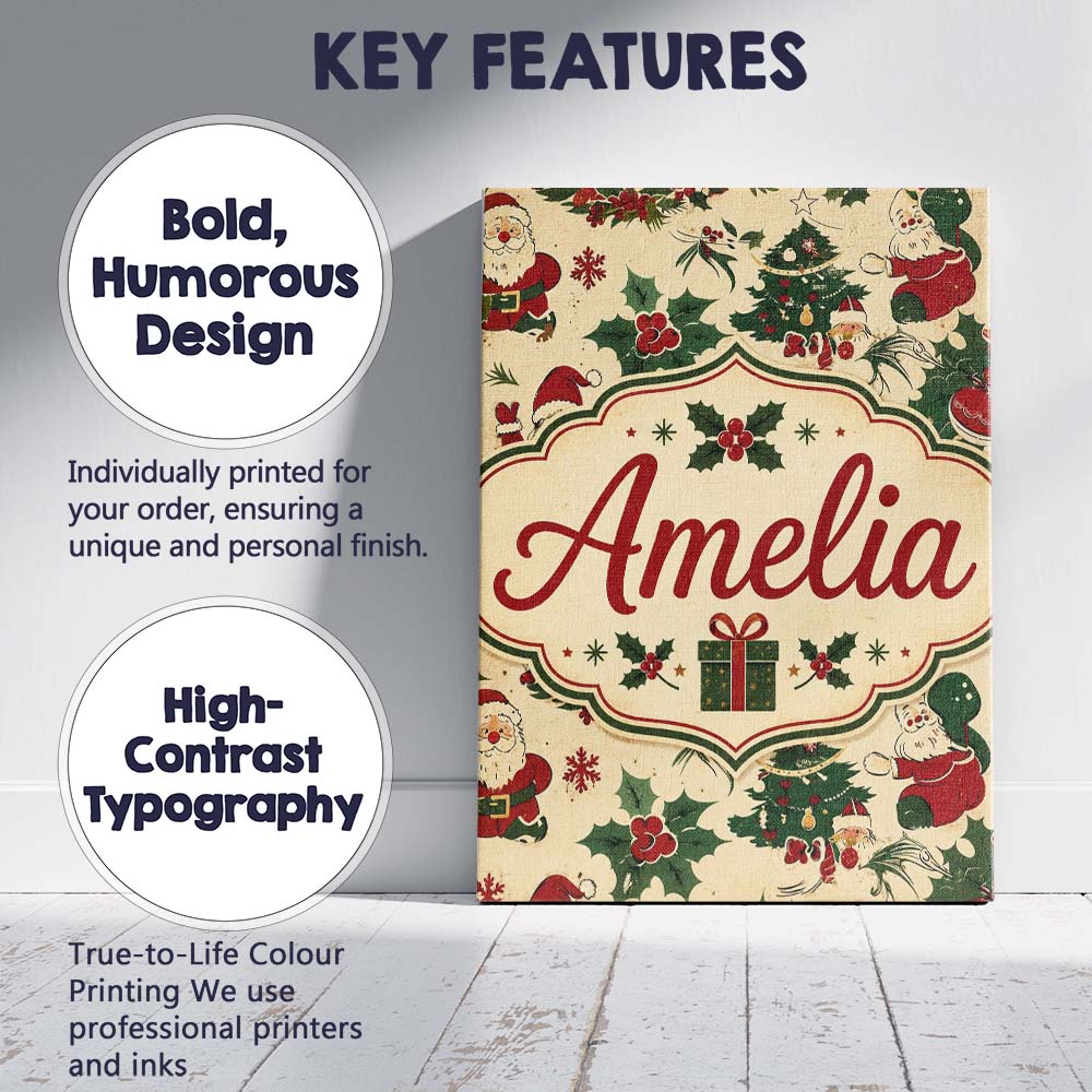 Personalised Name Cute Cartoon Santa Custom Premium Decorative Design Modern Room Accent Canvas Wall Art Print Decor Picture Ready to Hang