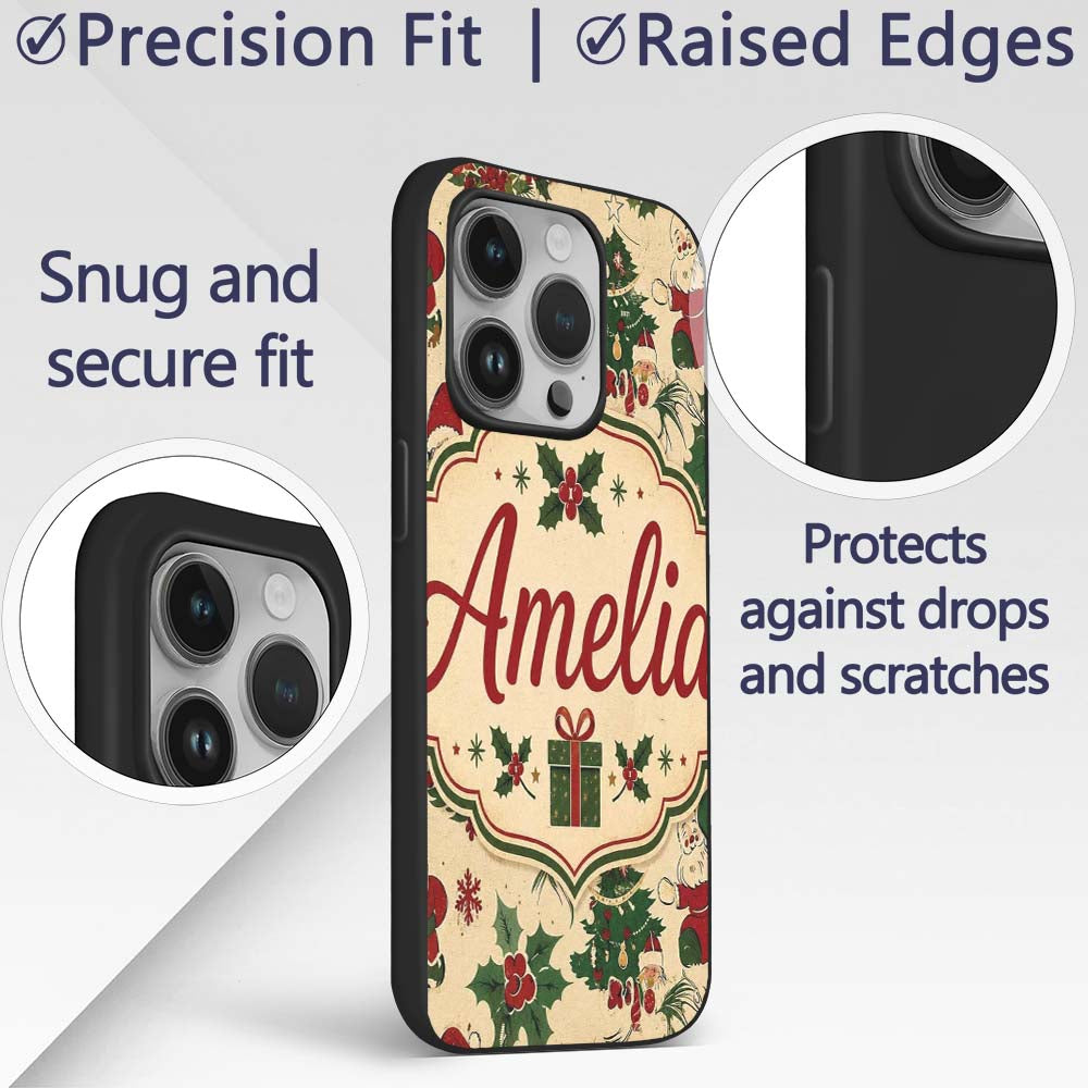 Cute Cartoon Santa Christmas Tree Holly Seamless Custom Name Protective Phone Case Mobile Cover Durable Everyday Smartphone Shock Resistant