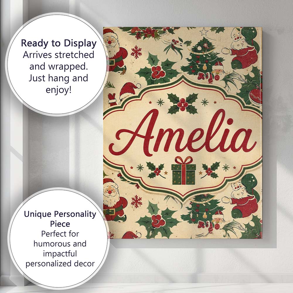 Personalised Name Cute Cartoon Santa Custom Premium Decorative Design Modern Room Accent Canvas Wall Art Print Decor Picture Ready to Hang