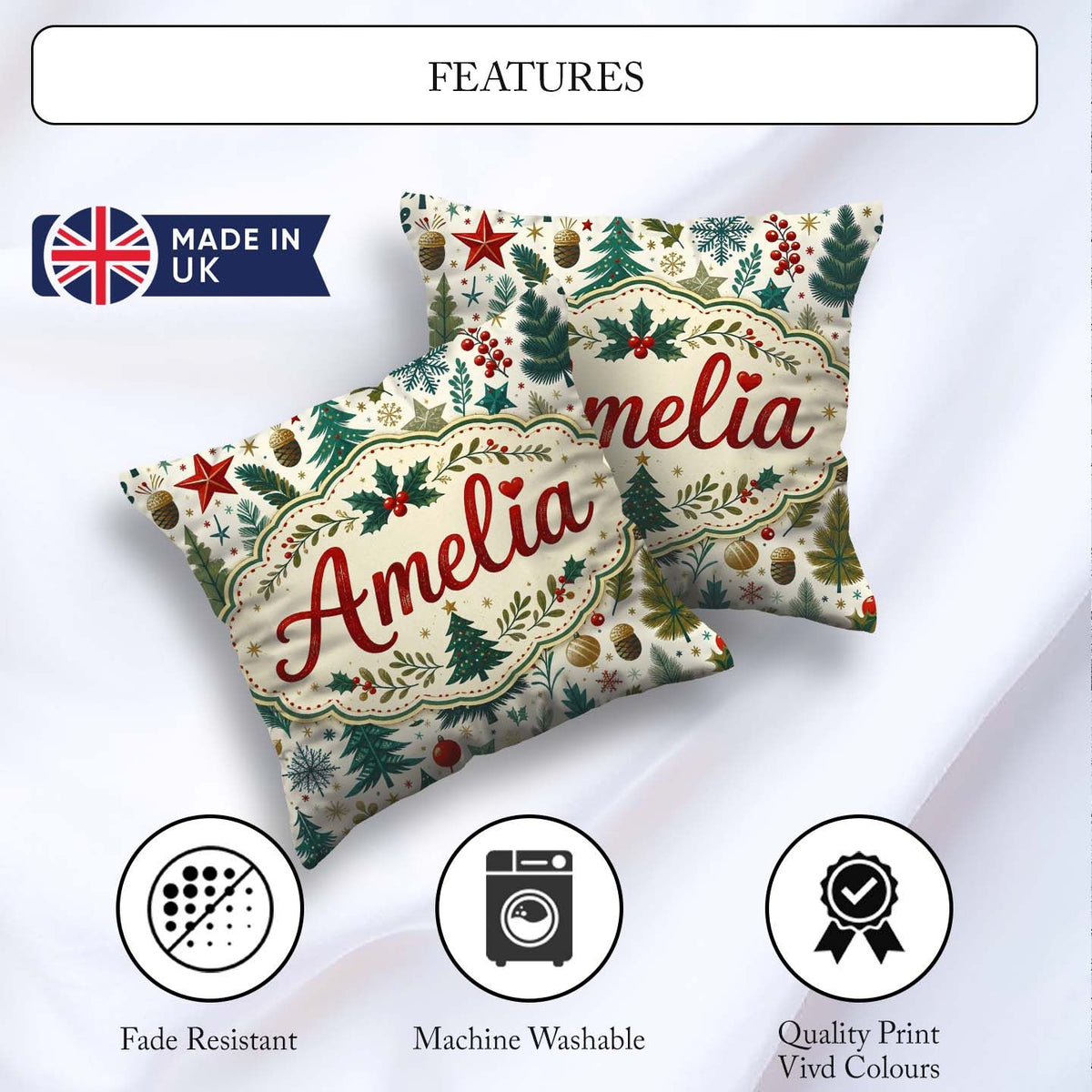 Custom Name Christmas Tree Holly Berry Winter Seamless Pattern Square Filled Cushion Throw Pillow Sofa Bed Home Decor Zip Washable UK Made