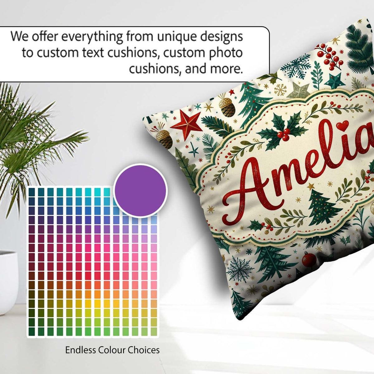 Custom Name Christmas Tree Holly Berry Winter Seamless Pattern Square Filled Cushion Throw Pillow Sofa Bed Home Decor Zip Washable UK Made