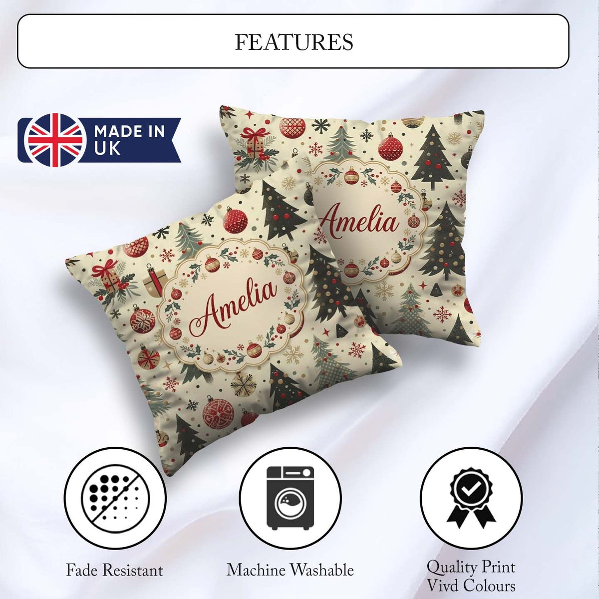 Custom Name Modern Christmas Ornament Snowflake Festive Seamless Square Filled Cushion Throw Pillow Sofa Bed Home Decor Zip Washable UK Made