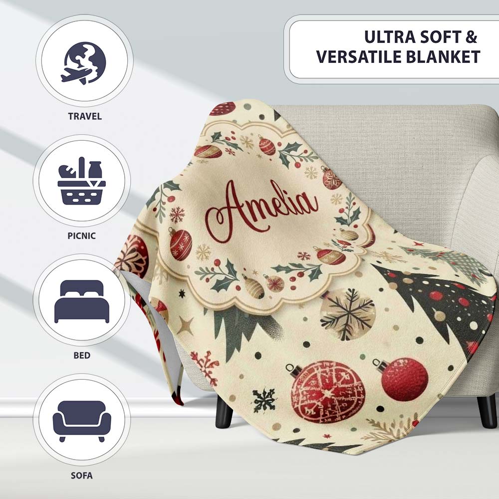 Modern Christmas Tree Ornament Snowflake Festive Seamless Pattern Personalised Custom Name Super Soft Fleece Blanket Bed Sofa Throw