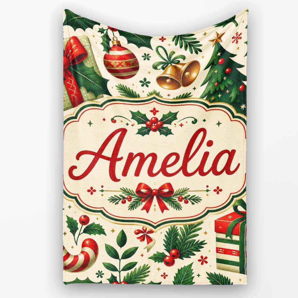 Christmas Stocking Holly Bell Gift Festive Seamless Pattern Lovely Personalised Custom Name Super Soft Fleece Blanket Bed Sofa Throw