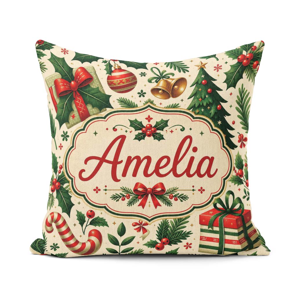 Custom Name Christmas Stocking Holly Bell Festive Pattern Lovely Square Filled Cushion Throw Pillow Sofa Bed Home Decor Zip Washable UK Made