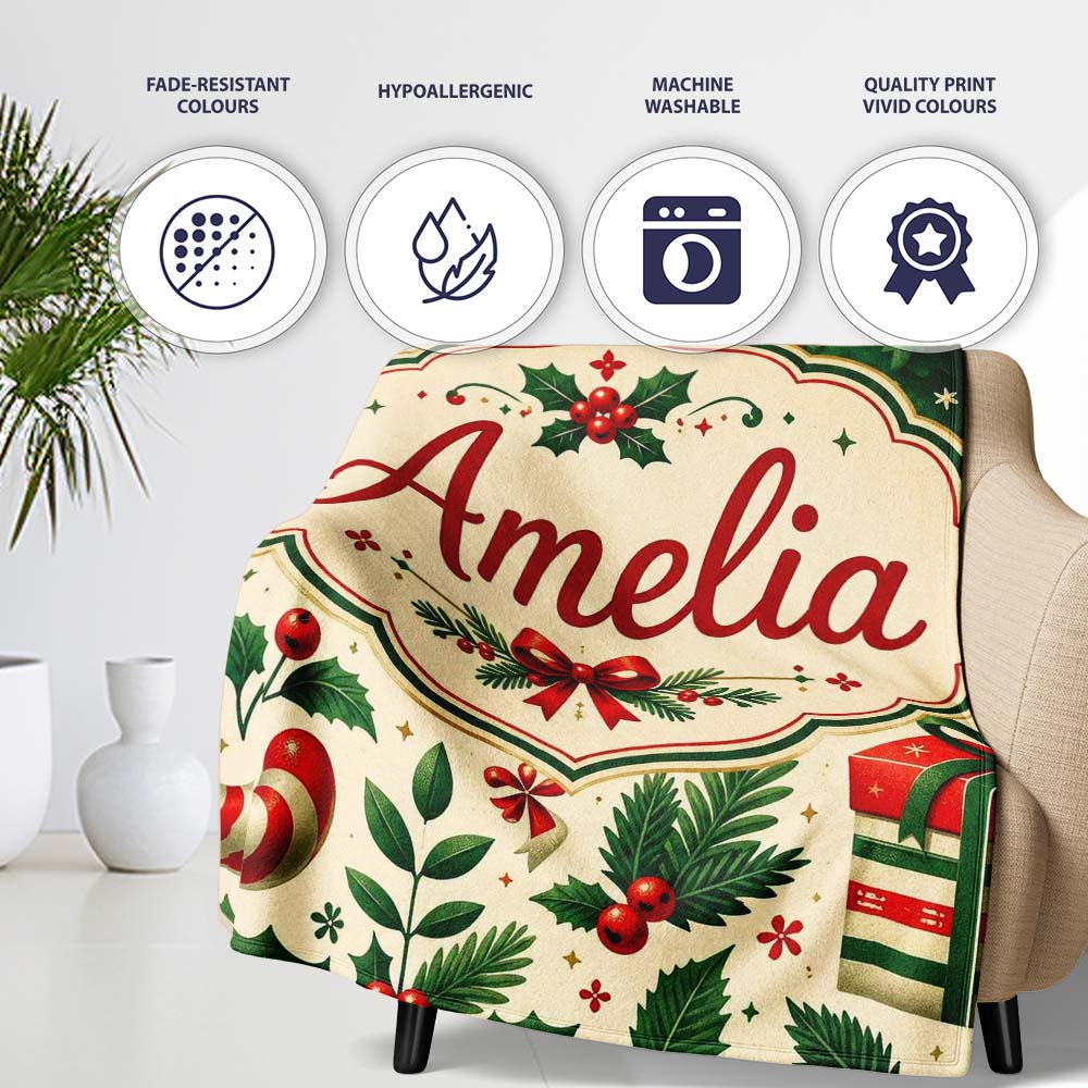 Christmas Stocking Holly Bell Gift Festive Seamless Pattern Lovely Personalised Custom Name Super Soft Fleece Blanket Bed Sofa Throw