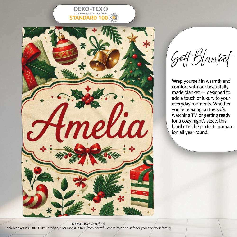 Christmas Stocking Holly Bell Gift Festive Seamless Pattern Lovely Personalised Custom Name Super Soft Fleece Blanket Bed Sofa Throw