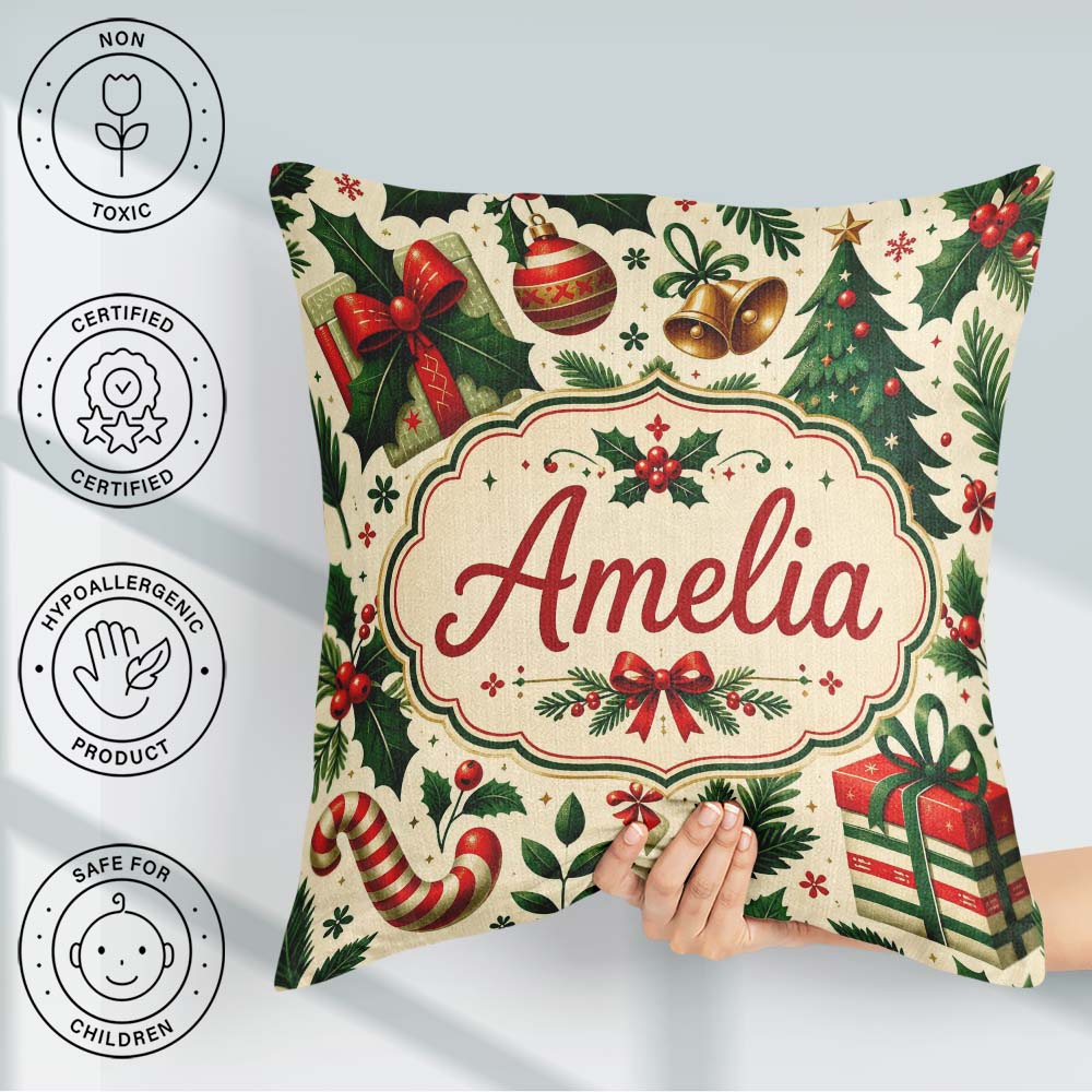 Custom Name Christmas Stocking Holly Bell Festive Pattern Lovely Square Filled Cushion Throw Pillow Sofa Bed Home Decor Zip Washable UK Made
