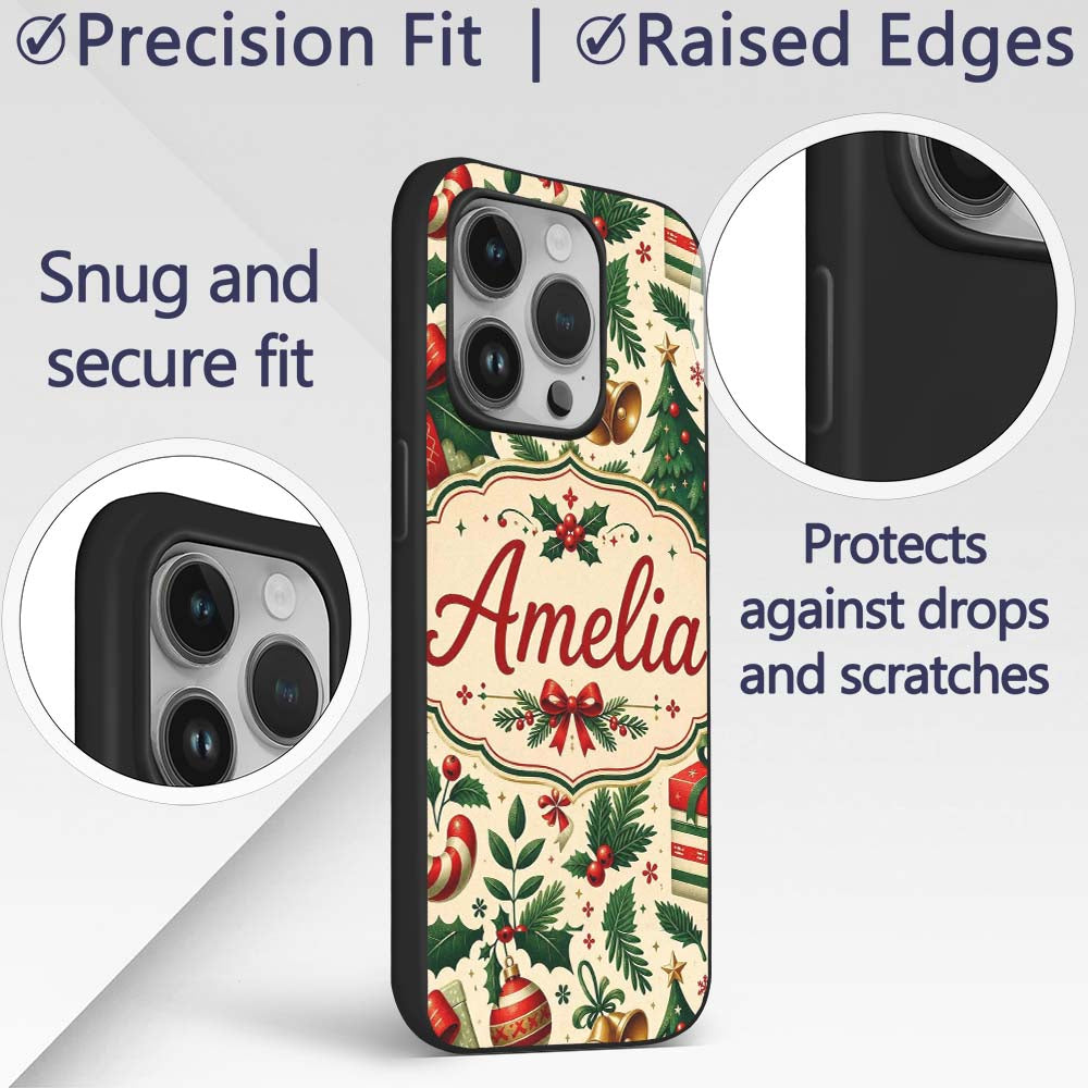Christmas Stocking Holly Bell Gift Printed Design Custom Name Protective Phone Case Mobile Cover Durable Everyday Smartphone Shock Resistant
