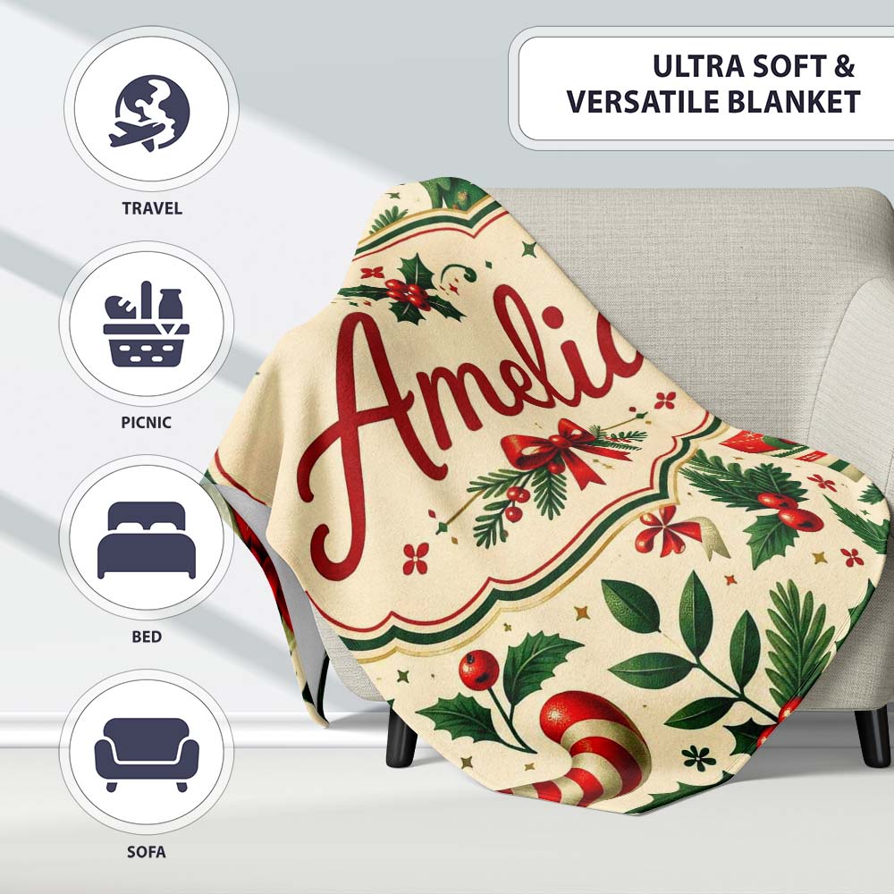 Christmas Stocking Holly Bell Gift Festive Seamless Pattern Lovely Personalised Custom Name Super Soft Fleece Blanket Bed Sofa Throw