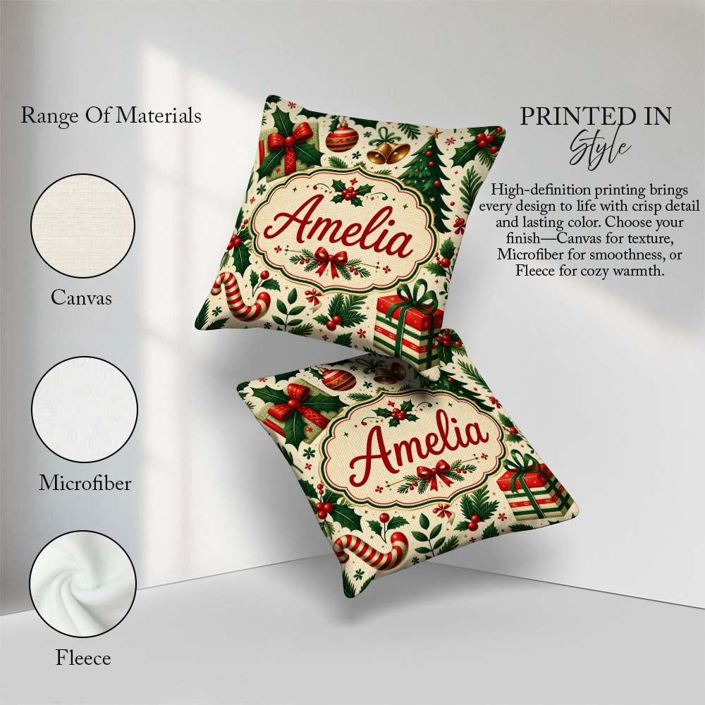 Custom Name Christmas Stocking Holly Bell Festive Pattern Lovely Square Filled Cushion Throw Pillow Sofa Bed Home Decor Zip Washable UK Made