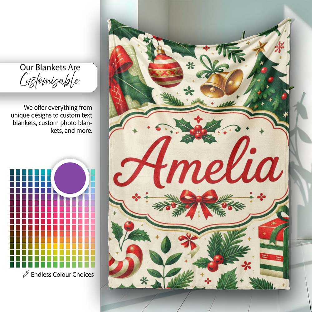 Christmas Stocking Holly Bell Gift Festive Seamless Pattern Lovely Personalised Custom Name Super Soft Fleece Blanket Bed Sofa Throw