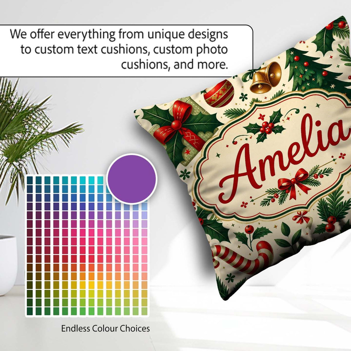 Custom Name Christmas Stocking Holly Bell Festive Pattern Lovely Square Filled Cushion Throw Pillow Sofa Bed Home Decor Zip Washable UK Made