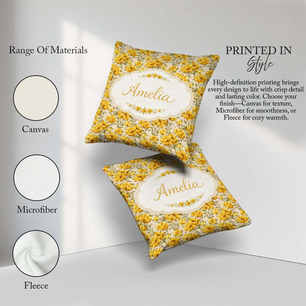 Custom Name Yellow Poppy Floral Seamless Botanical Garden Design Square Filled Cushion Throw Pillow Sofa Bed Home Decor Zip Washable UK Made