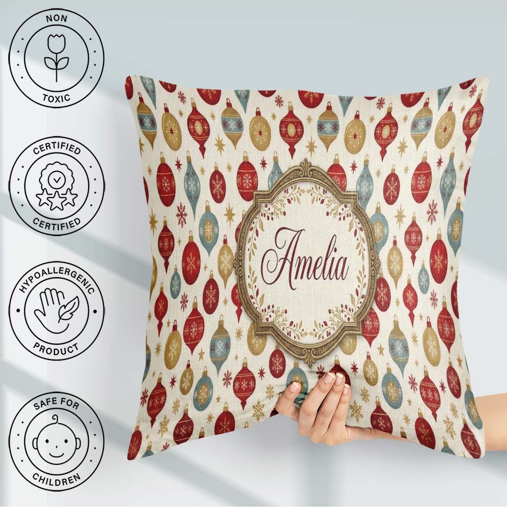 Custom Name Bauble Ornament Star Holiday Seamless Pattern Lovely Square Filled Cushion Throw Pillow Sofa Bed Home Decor Zip Washable UK Made