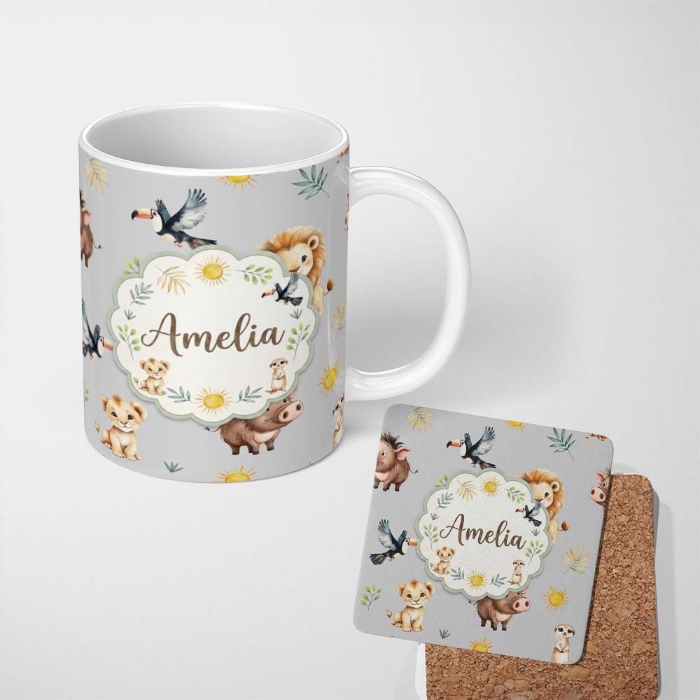 Personalized Custom Name Jungle Animals Lion Meerkat Toucan Boar on Grey Seamless Pattern 11oz Ceramic Coffee Tea Mug White Large Handle