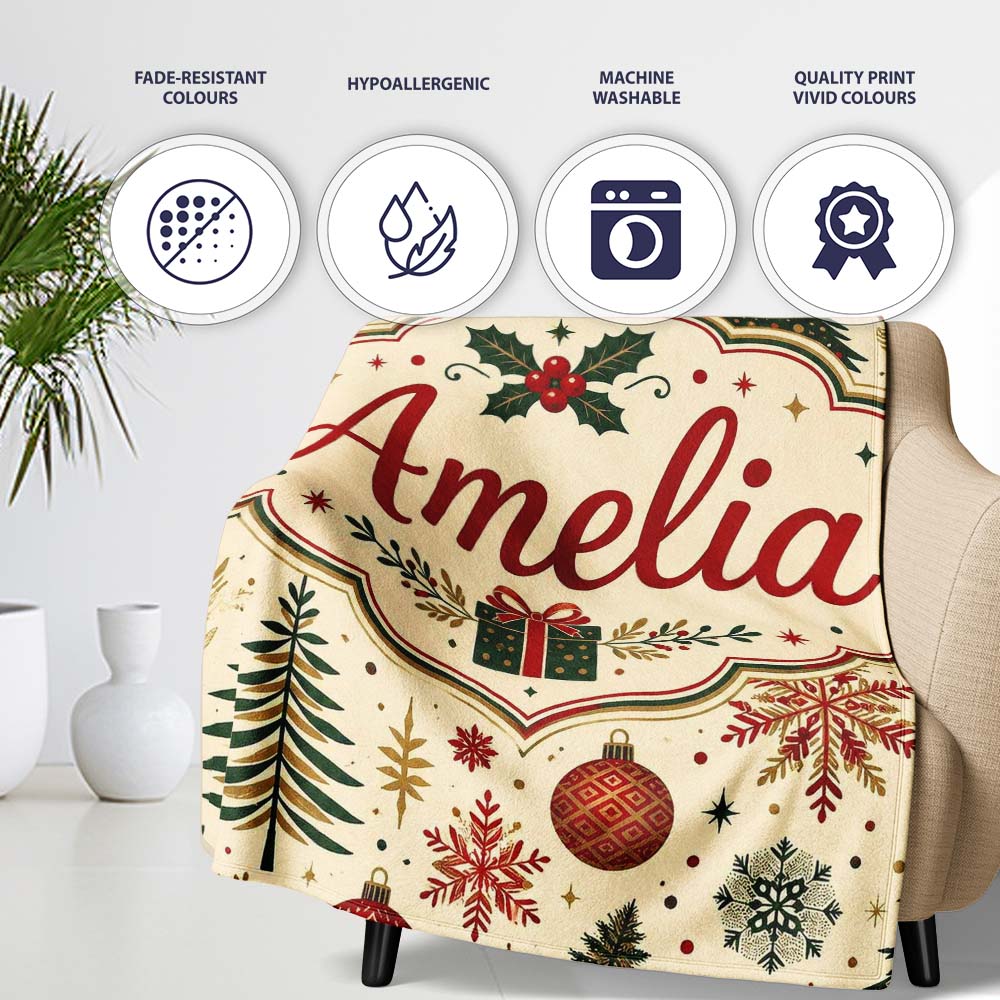 Elegant Christmas Tree Snowflake Bauble Festive Seamless Pattern Personalised Custom Name Super Soft Fleece Blanket Bed Sofa Throw