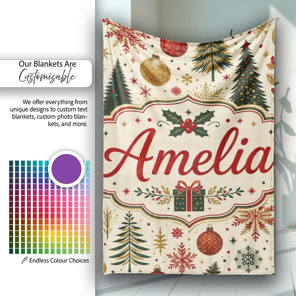 Elegant Christmas Tree Snowflake Bauble Festive Seamless Pattern Personalised Custom Name Super Soft Fleece Blanket Bed Sofa Throw