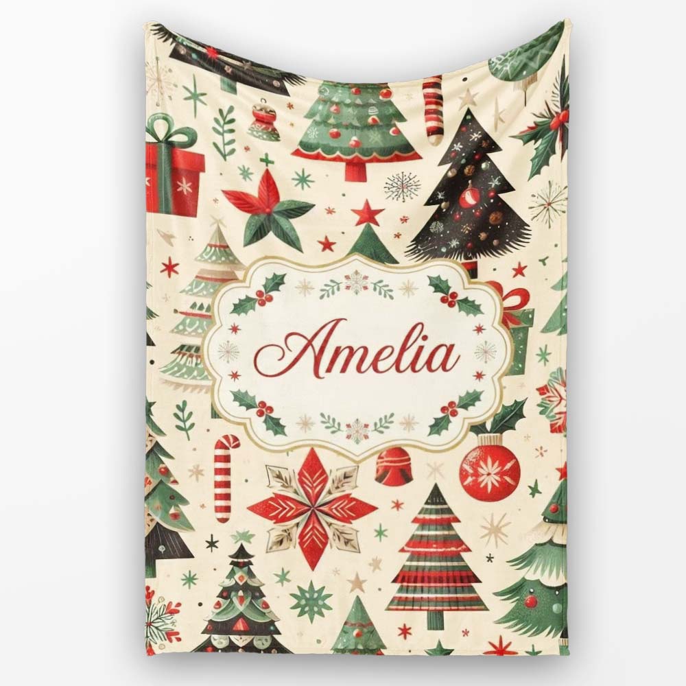 Festive Christmas Tree Gift Ornament Star Holiday Seamless Pattern Personalised Custom Name Super Soft Fleece Blanket Bed Sofa Throw