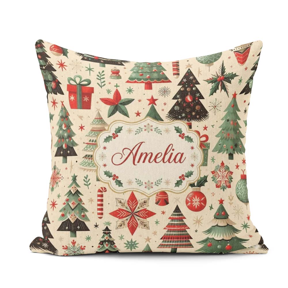 Custom Name Festive Christmas Tree Ornament Star Holiday Pattern Square Filled Cushion Throw Pillow Sofa Bed Home Decor Zip Washable UK Made