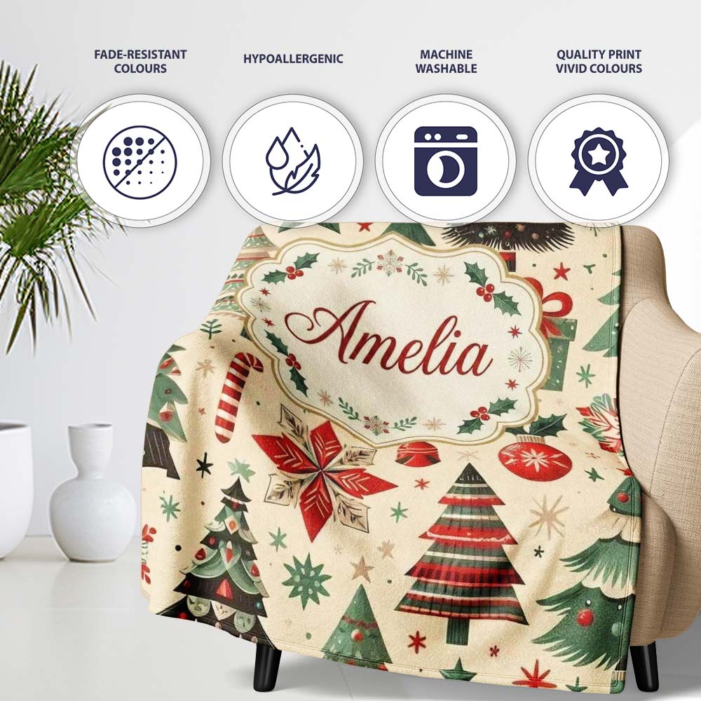 Festive Christmas Tree Gift Ornament Star Holiday Seamless Pattern Personalised Custom Name Super Soft Fleece Blanket Bed Sofa Throw