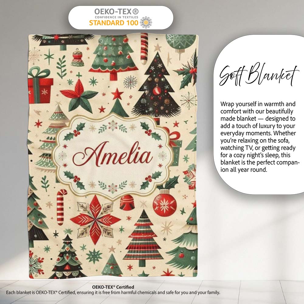 Festive Christmas Tree Gift Ornament Star Holiday Seamless Pattern Personalised Custom Name Super Soft Fleece Blanket Bed Sofa Throw